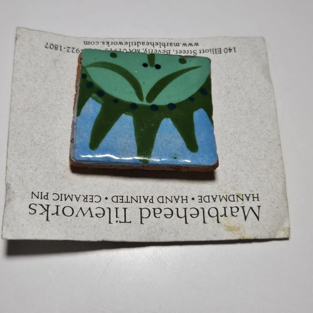 Marblehead Tileworks Green And Blue Painted Tile Brooch